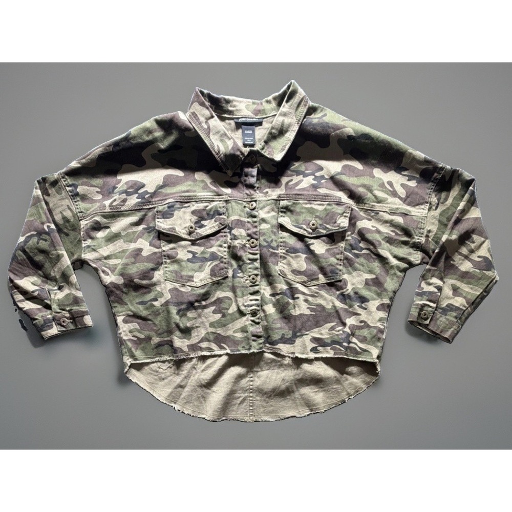 Ashley Stewart Camo Jacket 14/16 Woman's Green/Brown Cropped Frayed Hem.